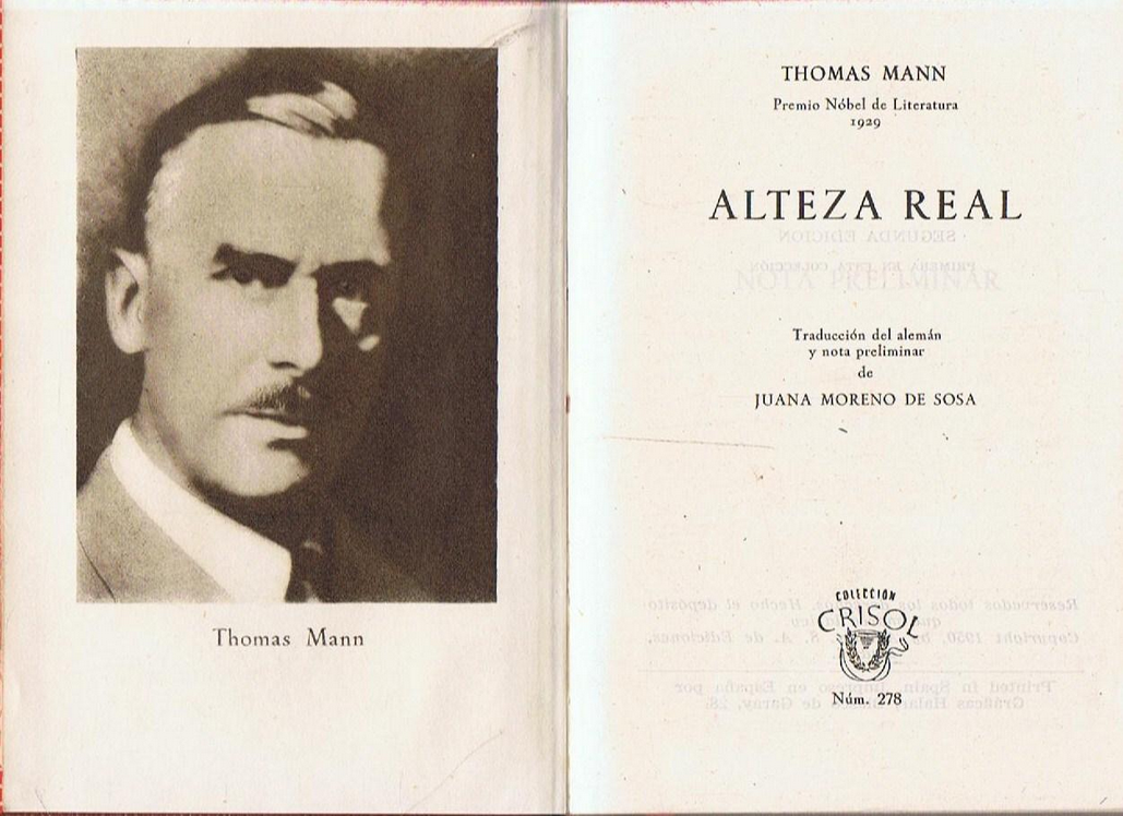 Imagen de la cubierta del libro Alteza Real  de Thomas Mann en el que figura Juana Moreno como traductora.
